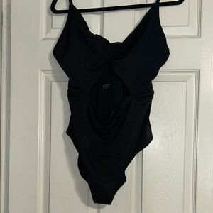 Aerie Shine Pique Twist Scoop Black One Piece Swimsuit